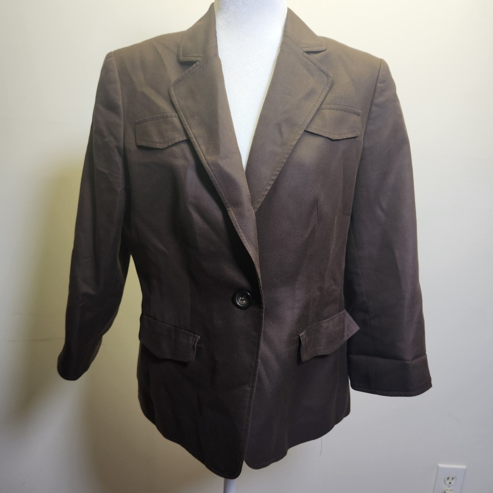 Kate Hill Chocolate Brown Cotton Silk Blazer Sz 10 3/4‎ Sleeves Lined One Button